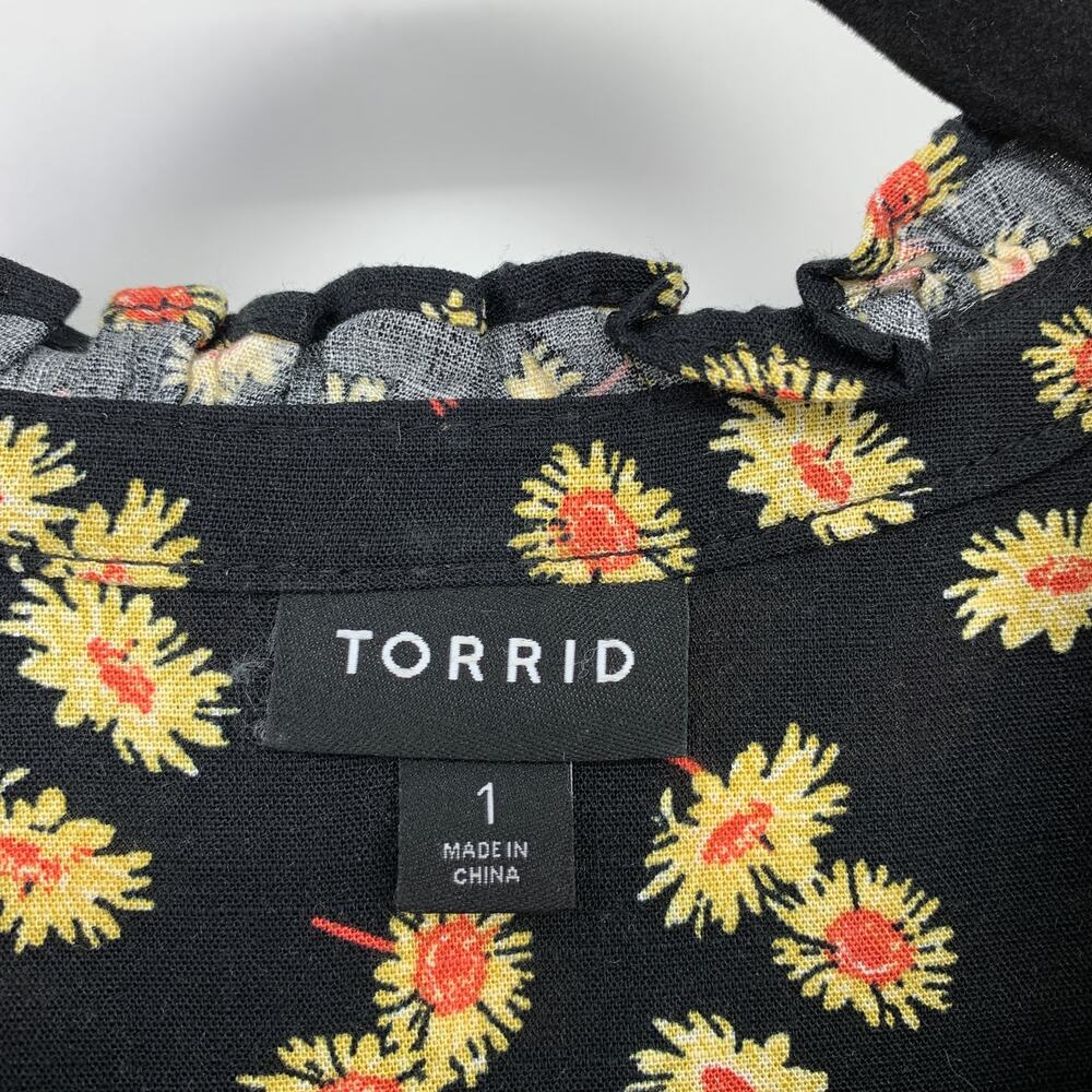 Torrid Popover Blouse Womens Size 1X Long Sleeve Floral Print Black Yellow - Picture 5 of 6